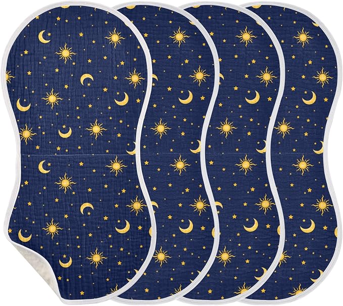 Muslin Baby Burp Cloths, Sun Moon Star Muslin Washcloths Baby Bibs Rags Comfy Soft Absorbent in for Newborn Boys and Girls 4 Piece 22 x 11 Inch