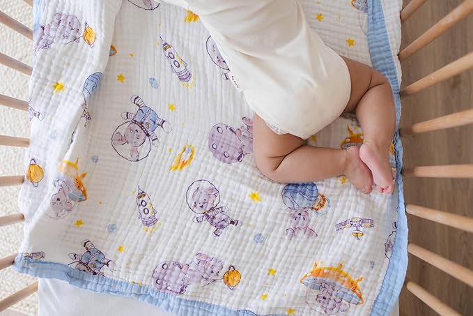 100% Cotton Muslin Baby Blanket | Soft & Breathable 6-Layer Swaddle & Receiving Blanket | Lightweight Quilt for Newborns I Hopping Cosmic