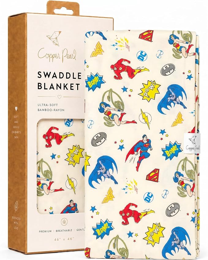 Copper Pearl Swaddle Blankets for Newborns | Soft Stretchy Receiving Blankets for Boys and Girls | Large 46 x 46 Inch Baby Blankets | Lightweight and Breathable Swaddles | Justice League
