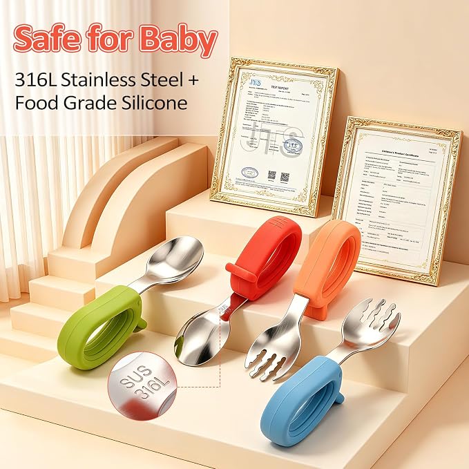 Toddler Utensils Set, 4PCS Stainless Steel Forks & Spoon with Silicone Handle, Self Feeding Training Baby Spoons, BPA-Free Anti-Choke, with 2 PCS Portable Travel Cases, Dishwasher Safe