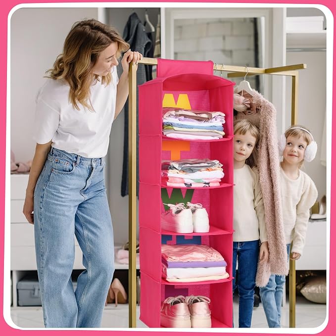 Hahafelt 2 Pcs 5 Shelf Weekly Clothes Organizer for Kids Hanging Closet Organizer Weekday Daily Activity Clothes Storage Days of the Week Outfit Storage for Monday Through Friday(Rose Red)