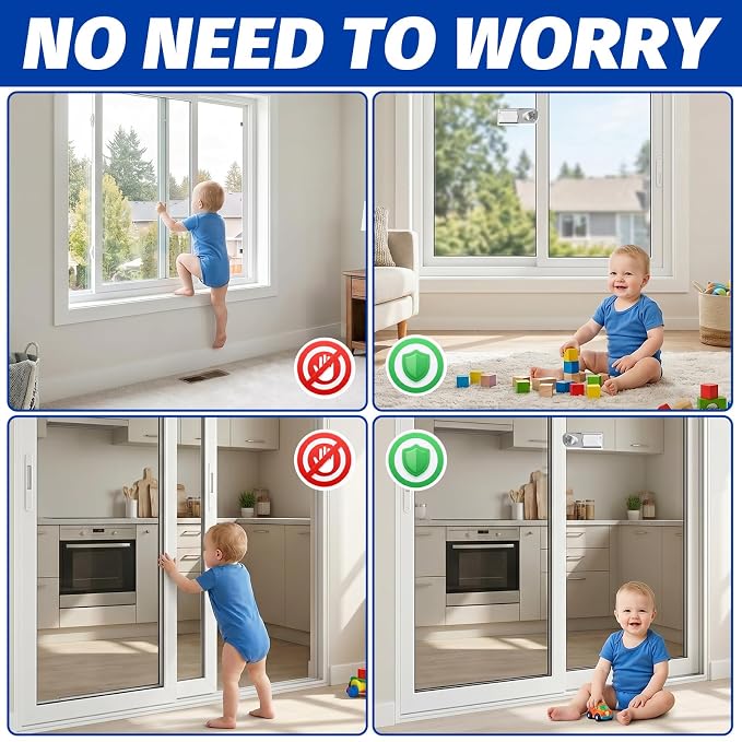 Sliding Door Lock 4 Pack – White Child Safety Sliding Glass Door Lock, No-Drill Adhesive Lock for Windows, Closets & Patio Doors, Baby Proof Stopper for Home Security