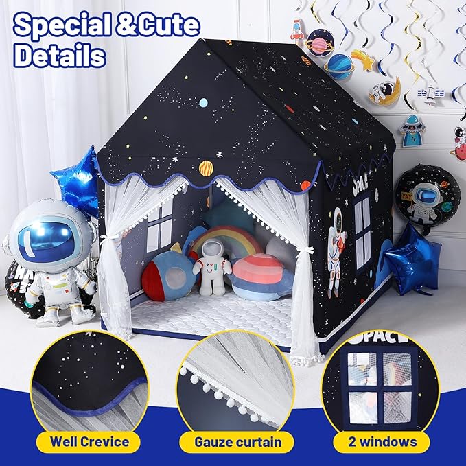 Wilwolfer Space Kids Tent Indoor: with Mat, Star Lights - Kids Play Tent Space Toys - Bedroom Decorations Astronaut Rocket Ship (Black)