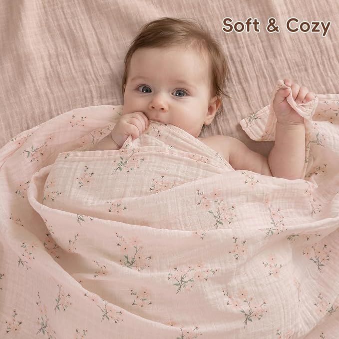 david's kids 4 Pack Baby Muslin Swaddle Blankets, 100% Cotton and Ultra Soft Breathable Receiving Blanket Wrap for Girls, New Born Essentials, Large 47 x 47 inches, Animals & Floral