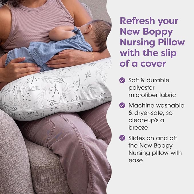 Boppy Nursing Pillow Cover - Soft, Hypoallergenic Washable Microfiber Bottle & Breastfeeding Pillow Covers (Redesigned Feeding Pillow Sold Separately) - Gray Gentle Leaves