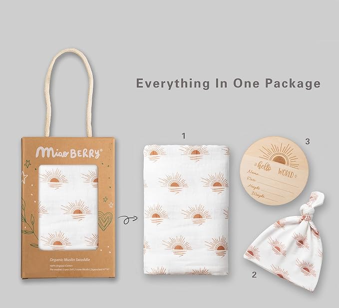 Miaoberry 100% Organic Cotton Baby Muslin Swaddle Blanket Set| Clay Rust Boho Sunrays| Gender Neutral for Boys Girls|Rust Sunset Sunshine| Hospital Newborn Receiving Blanket |Newborn Unisex