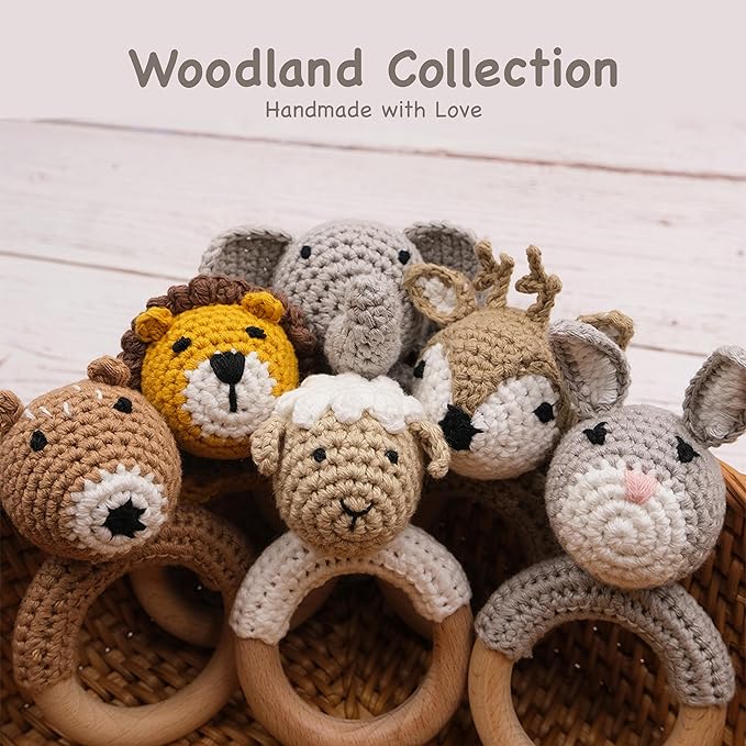 Joliecraft Woodland Friends Baby Rattle Shaker Toy with Wooden Teething Ring for Infants 3 6 9 12 Months Brown Bear