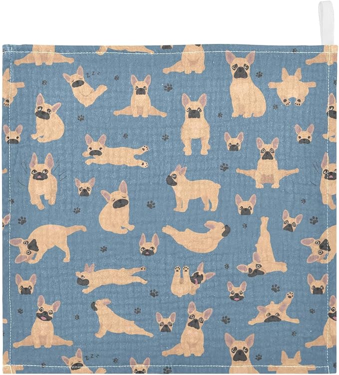 vvfelixl Baby Cotton Washcloths French Bulldog Pug Infants Bath Towel for Unisex Puppy Face Towels for Newborn, Natural Baby Wipes Delicate Skin, 11.8 X 11.8 inch, one sizex5