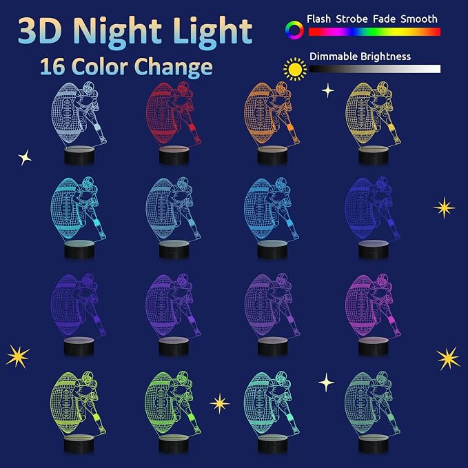 Attivolife Football Player 3D Nightlight, Rugby Illusion LED Lamp with Remote & Touch Control, 16 Colors Changing Dimmable, Great Bedside Decor Birthday Gift for Outsports Lover Children Kids Boys