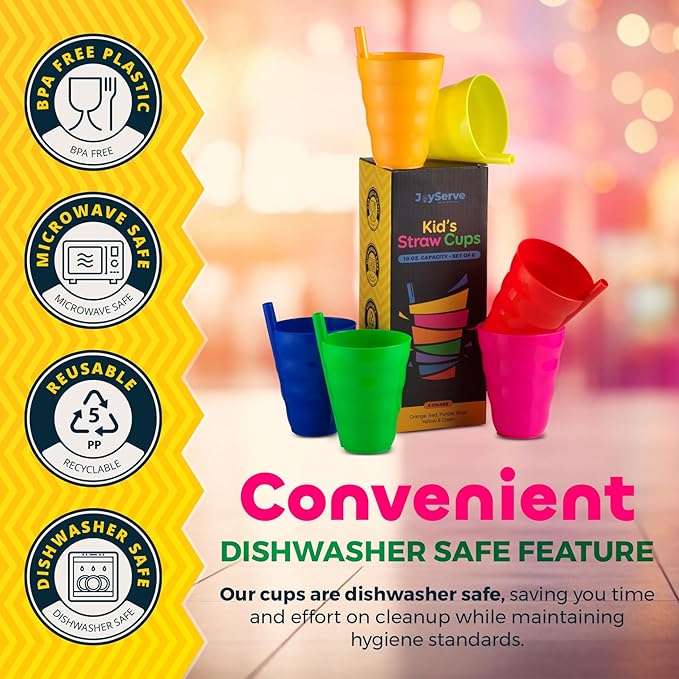 JoyServe Kids Cups - (Set of 6) - 10oz Toddler Cups with Straws for Kids - Stackable BPA-Free Plastic Sip-A-Cup Drink Tumblers for Water, Juice, Milk - Dishwasher Safe, Everyday Use, Neon Colors