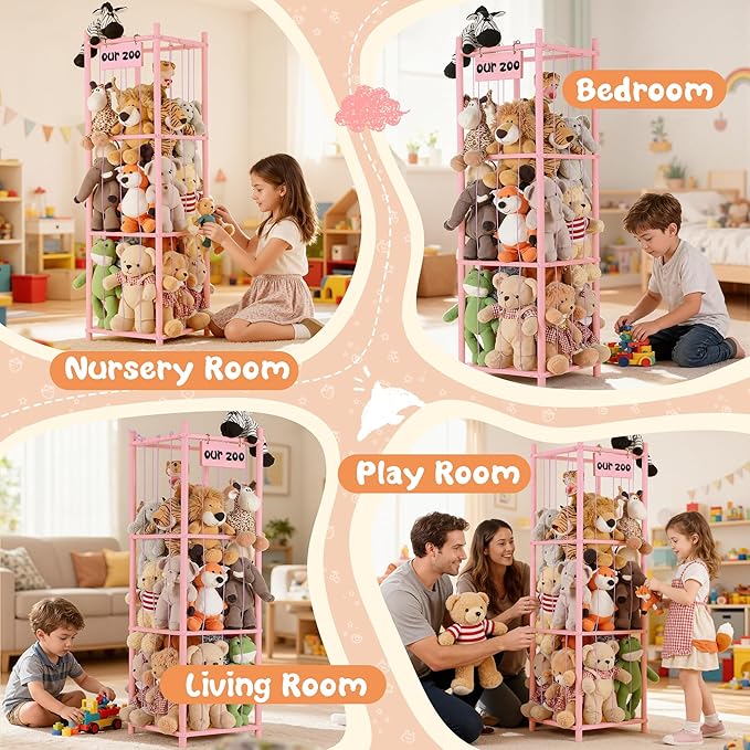 LAMU Stuffed Animal Storage, Wooden Zoo Stuffed Animal Holder with Elastic Cords, Space Save Toy Organizer, Extra Large Capacit Stuffed Animal Organizer for Playroom, Bedroom, Nursery, Pink
