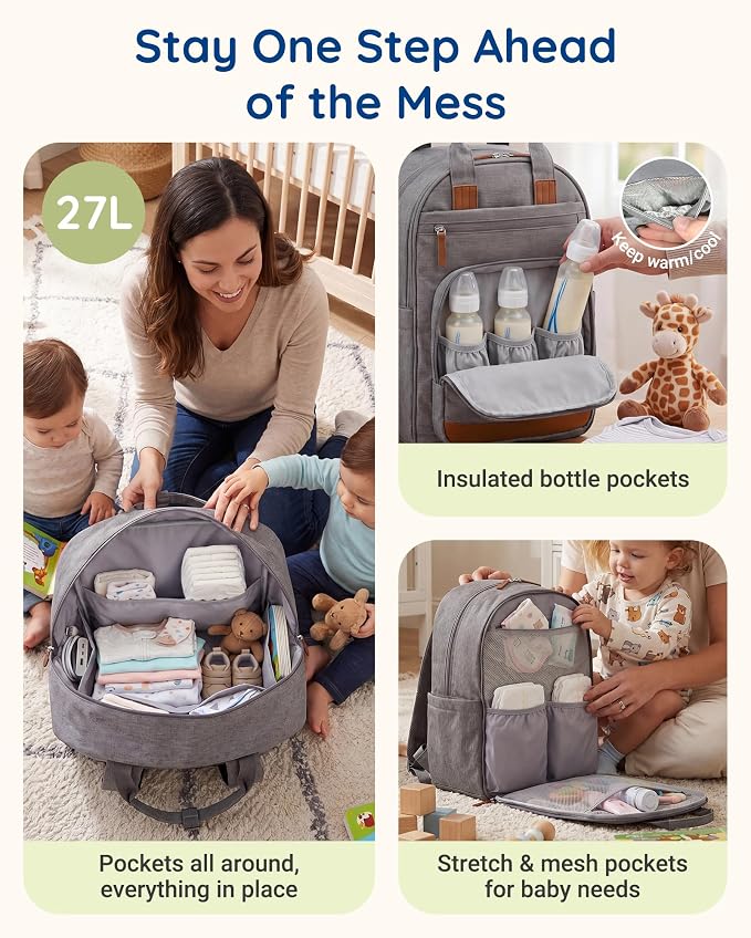 mommore Diaper Bag Backpack with Waterproof Changing Pad, Insulated Bottle Holders & Pacifier Case, Baby Diaper Bag with 2 Organizer Pouches, Stroller Straps, Green