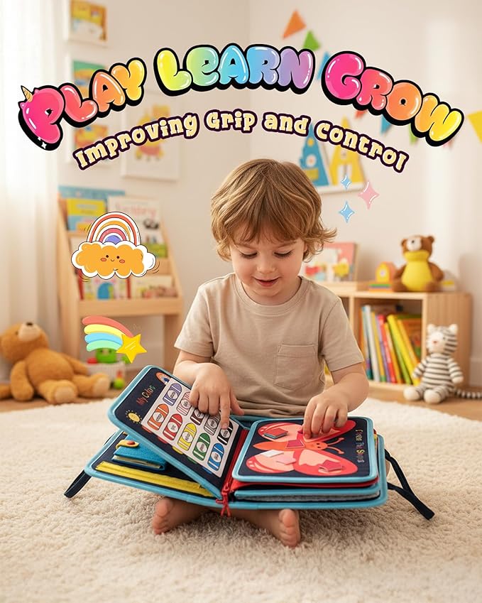 Montessori Busy Book for Toddlers, 8-Page Sensory Activity Book for Fine Motor Skills & Basic Dress Learning, Portable Travel Toy for Preschool Kids, Birthday Gift for Boys and Girls (Blue)