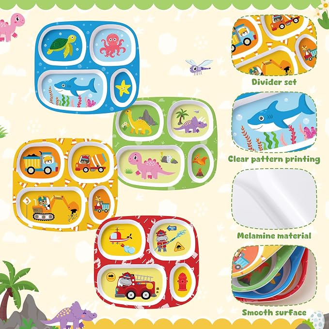 Jinei 4 Set Melamine Dinner Plate for Kids Dinnerware Dishes Set with Fork and Spoon Firefighter Dinosaur Construction Sea Animal Divided Melamine Plates for Boys Toddlers BPA Free Dishwasher Safe