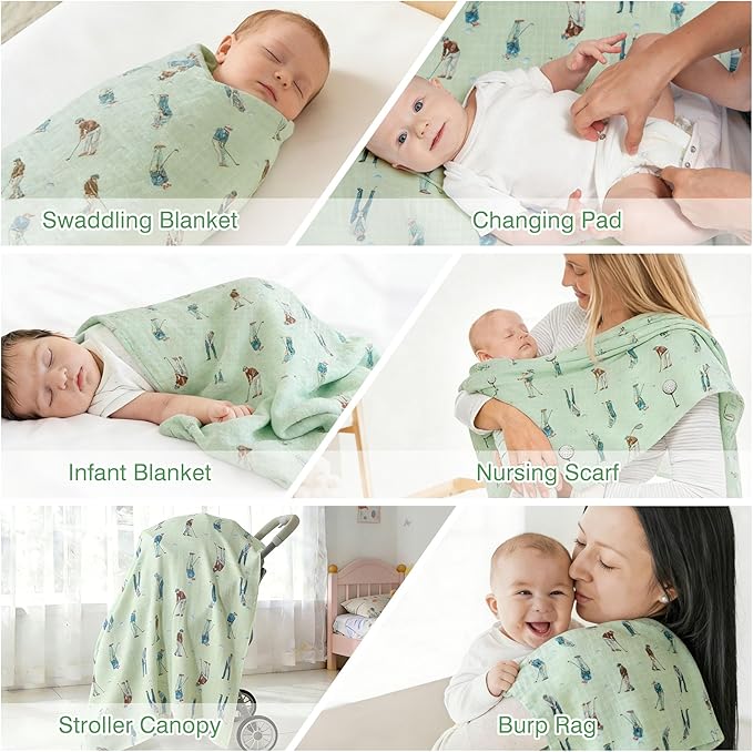 Muslin Swaddle Blankets for Newborn, Large 47"x47" Soft Breathable Bamboo Cotton Baby Blanket, Lightweight Receiving Blanket for Boys and Girls, Green Swing