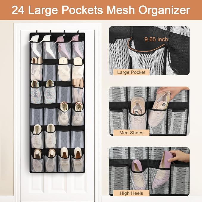 FENTEC 2 Pack Large Over The Door Shoe Organizer, 24 Pockets Mesh Hanging Shoe Organizers, Over Door Organizer, Black