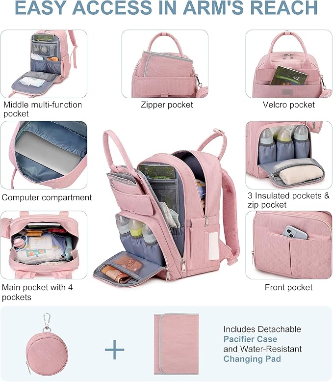 MOONBABY Diaper Bag Backpack, Baby Diaper Bags with Portable Changing Pad and Pacifier Case, Multifunctional Travel Diaper Backpacks, Unisex Baby Bags, Pink