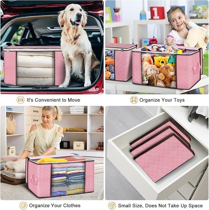 Budding Joy 90 L Large Storage Bags, 6 Pack Clothes Bins Foldable Closet Organizer Containers for Blanket, Comforters, Bed Sheets, Pillows (Pink)