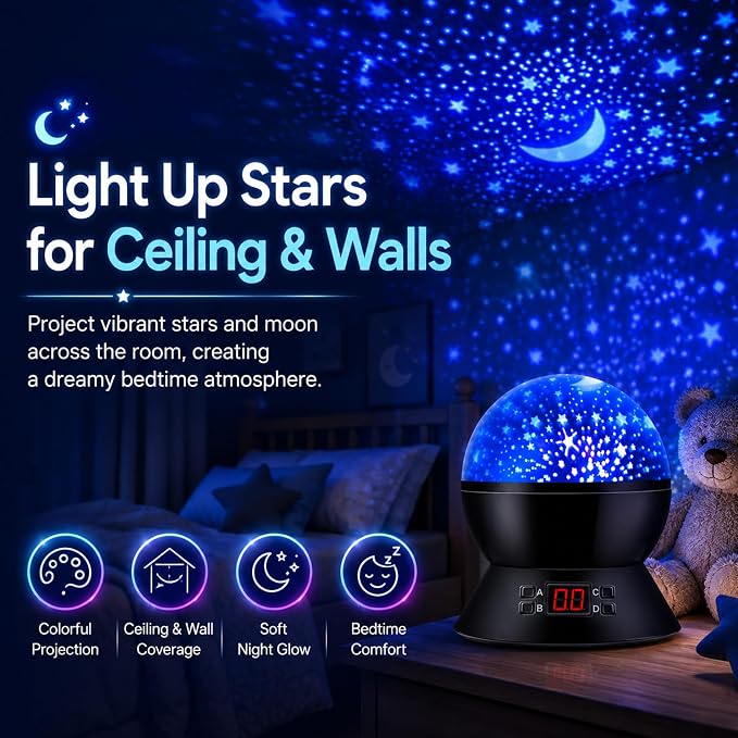 Kids Star Projector Night Light, Star Night Light Projector for Kids, Ceiling Stars Projection Lamp with Timer, 360° Rotating Night Light for Bedroom, Birthday Gift for 3 4 5 Year Old Girls Boys Black
