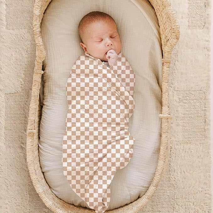Konssy Muslin Swaddle Blankets for Girls Boys 2 Pack, 100% Cotton Receiving Baby Blanket Large 47 x 47 inches, Soft Breathable Swaddling Wrap for Unisex Newborn (Coffee Check,Moon)