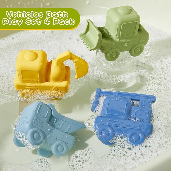 Mold Free Bath Toys for Toddlers, 4 Pack Food Grade Silicone Bath Toys, Easy Clean Truck & Construction Car Bath Toy | Squeezable & Floating Bathtub Toys | Beach Water Pool Toys for Boy Girl Gifts