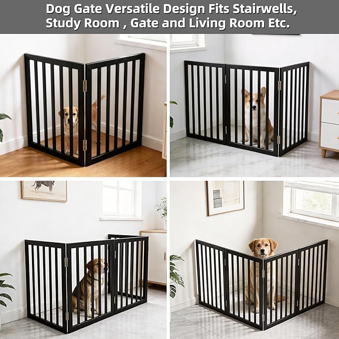 Dog Gate Indoor, Freestanding Dog Fence for The House, Doorways, Hallways,or Stairs,Pet Gate Foldable Wooden,Expandable 24" Height 2 Panels,Black