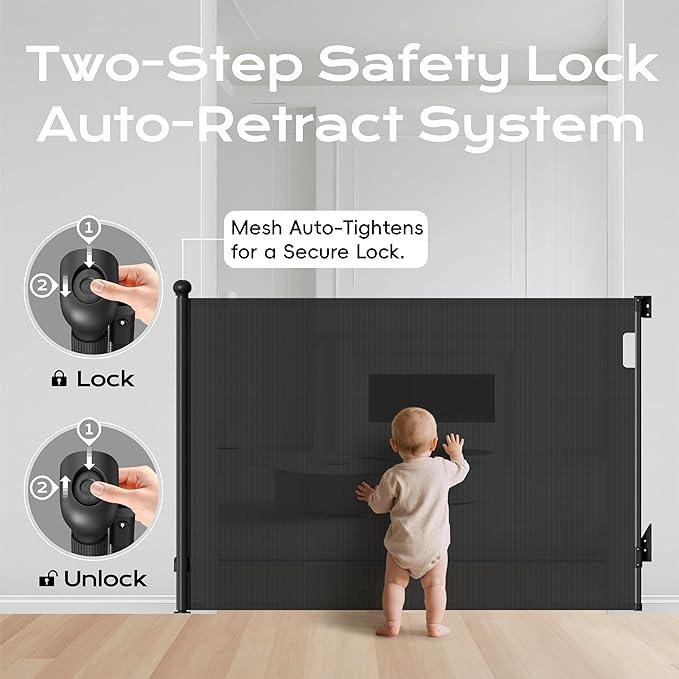 Retractable Baby Gate for Stairs, 55" Wide 38" High Pet Gate with Auto-Retract System, One-Hand Operation, Mesh Baby Gate for Doorways, Hallways, Decks, Indoor & Outdoor, Black