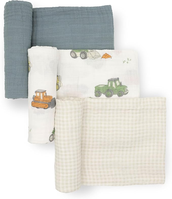 Little Unicorn Muslin Swaddle Blanket for Newborns & Infants | Soft & Breathable Fabric | Set of 3 Baby Blankets for Swaddling, Nursing, Shower Gifts (Work Trucks)