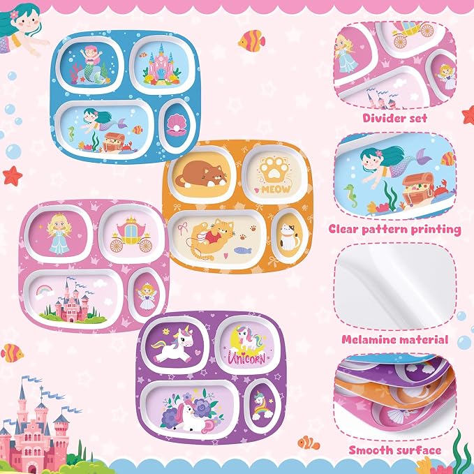 Jinei 4 Set Melamine Dinner Plate for Kids Dinnerware Dishes Set with Fork and Spoon Mermaid Unicorn Princess Cat Divided Melamine Plates for Girls Toddlers Picky Eaters BPA Free Dishwasher Safe
