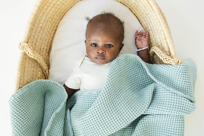 Leyl&Ari Waffle Baby Blanket, 100% Organic Cotton Soft Thin Honeycomb Breathable Summer Thermal for Infant, Newborn, Toddler Crib, Gender Neutral Essential Accessories and Gift (Sage Set)