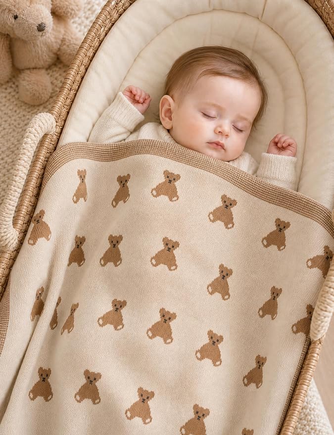 Organic Cotton Baby Blanket - Soft Luxury Knit Receiving Blanket for Newborns & Toddlers, Cozy Breathable Stroller Blanket with Pattern, Unisex, 30x40Inch（Bear-Khaki）