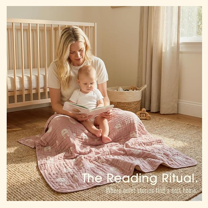 6-Layer Muslin Baby Blanket Made with Organic Cotton - Cute Bunny Rabbit Jacquard Swaddle & Crib Quilt, 43”x 43”,Blush Pink Bunny