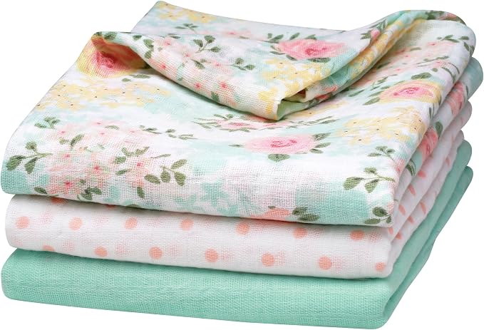 3 Pack Cotton Muslin Swaddle Blankets for Baby, 40" x 36", Lightweight, Breathable, Mint (Little Me Floral)