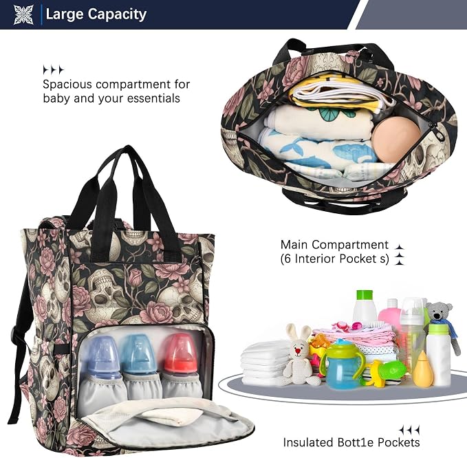 Gothic Skull Rose Diaper Bag – Insulated Bottles, Stroller Straps for Mom Dad
