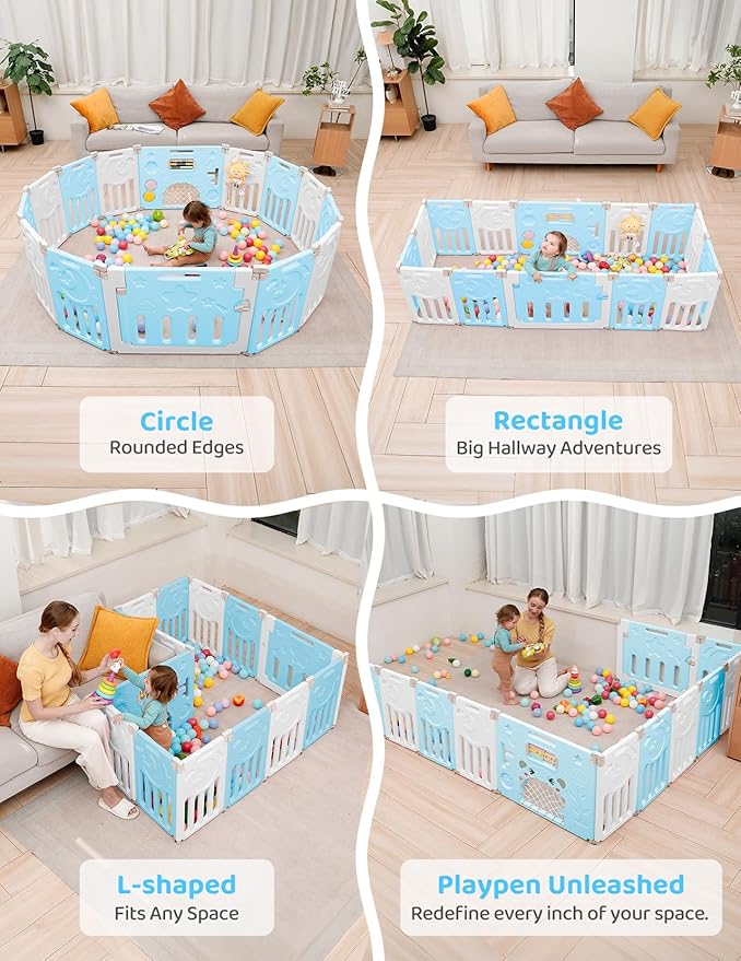 Baby Playpen, Dripex Baby Playard for Babies and Toddlers, 14-Panel Foldable Playpen Adjustable Portable Play Area, Indoor/Outdoor Kids Active Center with Game Panel & Safety Gate, Blue White
