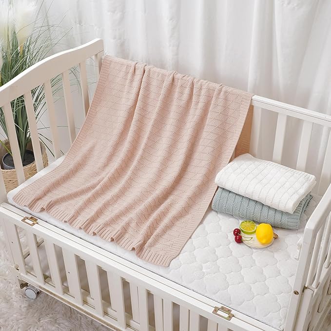 Baby Receiving Blanket for Boys Girls Knit Neutral Swaddle Blankets Soft Lightweight Crib Stroller Blankets for Newborn Infant Toddlers Beige 30 x 40 Inch