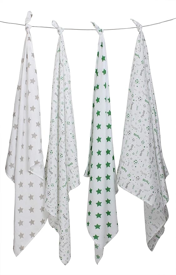 Bacati - 4 Pack Sports Baby Swaddle Blankets Boys Swaddle Wrap Soft Breathable Cotton Muslin Swaddle Blankets Receiving Blanket for Boys, Large 45 x 45 inches (Soccer Green/Grey)