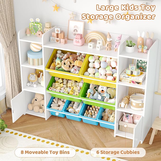 FOTOSOK Toy Storage Organizer with 8 Toy Bins, Toy Organizer Kids Bookshelf with 6 Storage Cubbies, Stuffed Animal Storage Organizer, Playroom Storage and Toy Chest, White/Green