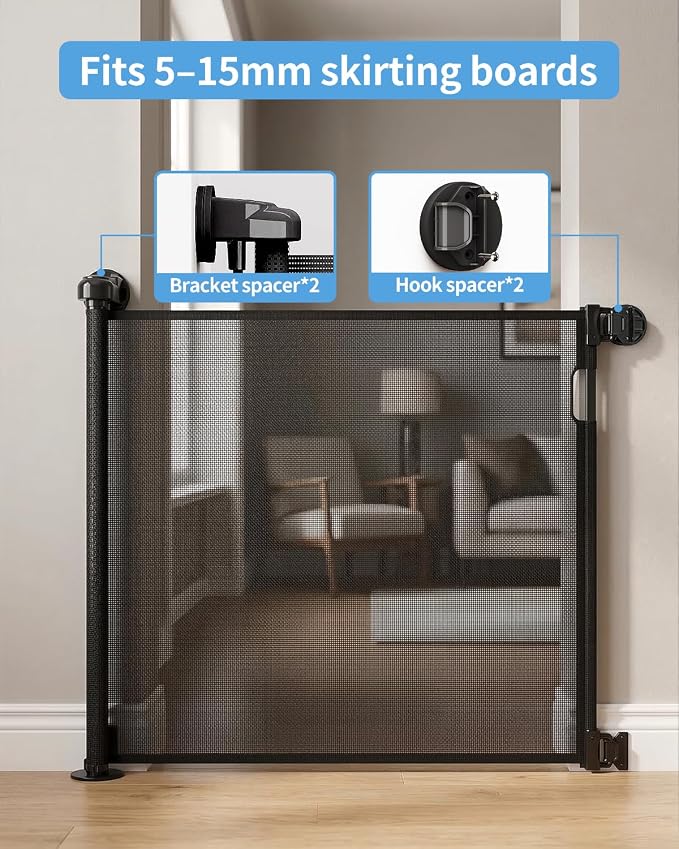 Retractable Baby Gate for Stairs – 33” Height, Expands up to 55” Width – Safety Gate for Infants, Toddlers, Dogs & Pets – Easy Install, Secure Closure, Black Mesh Design for Indoor & Outdoor Use
