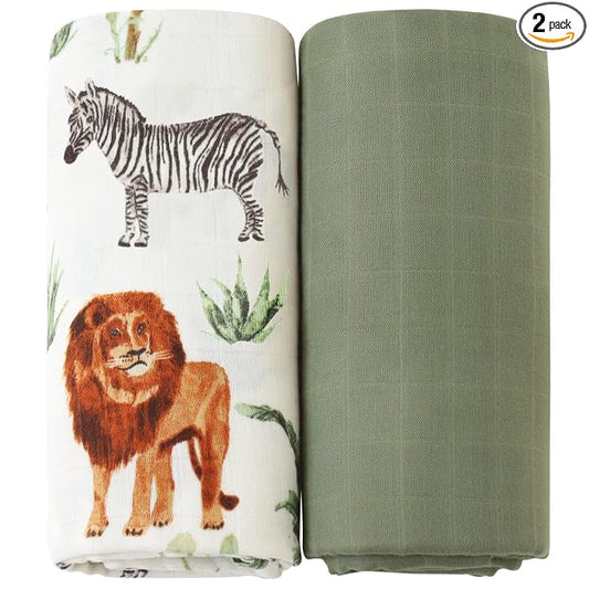 LifeTree Muslin Swaddle Blankets, Woodland Baby Swaddling Receiving Blanket for Boys & Girls, 70% Viscose from Bamboo and 30% Cotton, Large 47 x 47 inches Safari Jungle/Olive Green