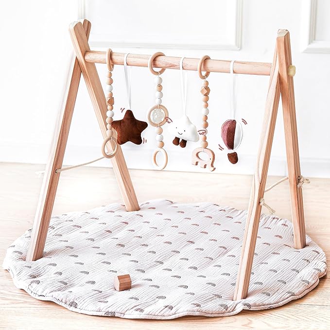 Wooden Baby Play Gym with Mat, Foldable Baby Play Gym Frame Activity Gym Hanging Bar with 6 Gym Baby Toys Rainbow Playmats for Newborn Baby (Natural)