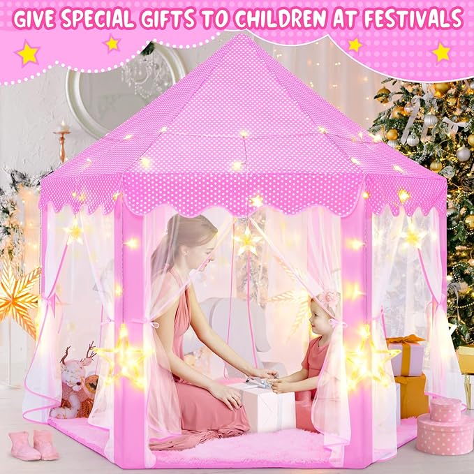 Pink Princess Tent for Girls, Kids Play Tent with LED Large Star Lights, Castle Playhouse Tent for Children Toddlers Indoor Outdoor Games, 55×53 Inches