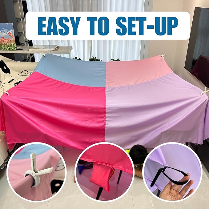 Blanket Fort Building Kit for Kids, Make a Portable Playhouse, Large Blanket and Clips, Magic Play Tent Boys Girls Indoor Outdoor Build Set, STEM Children Toy, Best Gift for Children, Ages 4, 8, 12 +
