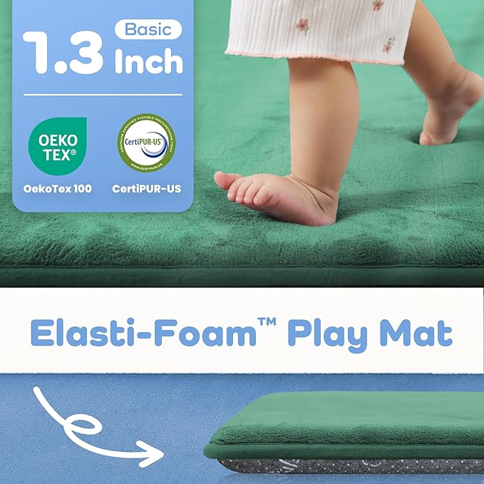 1.3" Thick Baby Floor Play Mat 50x50, Basic Padded Foam Mat for Tummy Time Crawling, Non Slip Cushioned for Babies Toddlers Infants Kids (Dark Green)