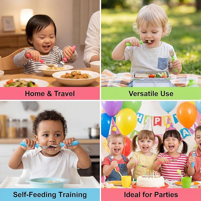 Pimoys 6 Pieces Toddler Utensils Forks and Spoons Kids Silverware Set Stainless Steel Toddler Silverware - Plastic Handle for Self-Feeding Training Daily Meals and Travel Use Dishwasher Safe