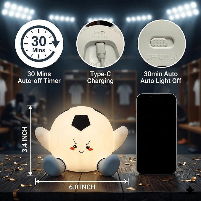 Soccer Night Light for Kids, Rechargeable Silicone Light Up Soccer Ball Lamp, 7-Color Tap Control Dimmable Bedside Nightlight, Cool Room Decor Stuff, Birthday Gifts for Boys 8-12 & Teens
