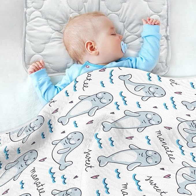 Ollabaky Cartoon Manatee Baby Blanket for Boys Girls Cotton Throw Blanket Swaddle Blanket for Crib Stroller Nursery Receiving Blanket Infant Toddler Unisex 30"x40"