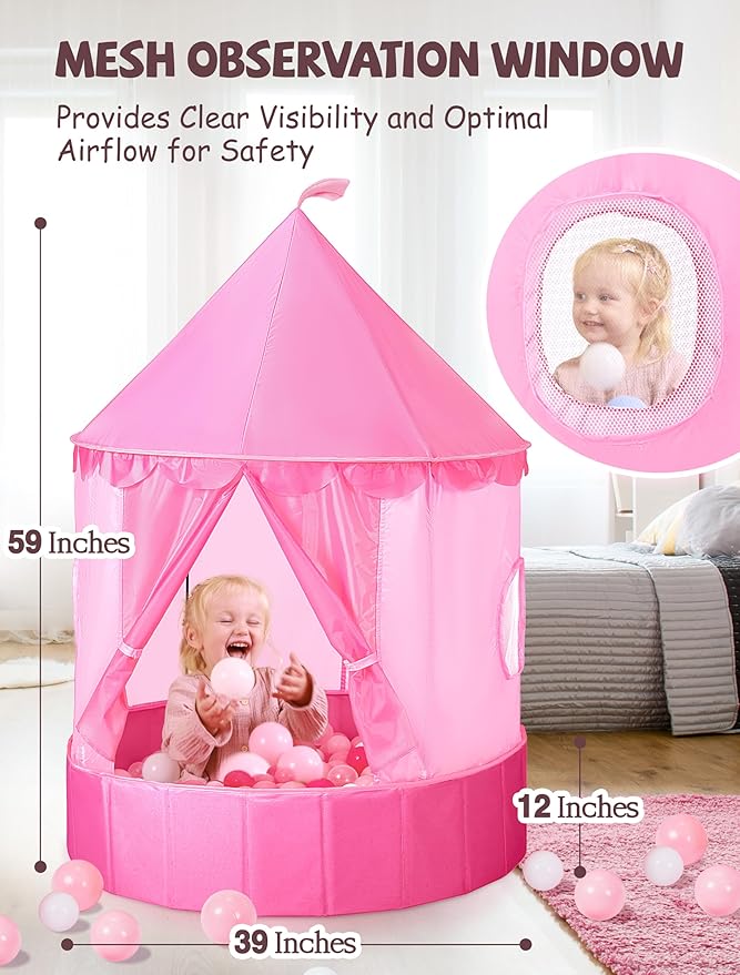 Hikiddy 3-in-1 Ball Pit & Play Tent for Toddlers: Large 40" Pink Kids Ball Pit and Princess Tent - Princess Castle Playhouse Tent for Girls Kids Babies - Foldable Portable Toys for Indoor & Outdoor