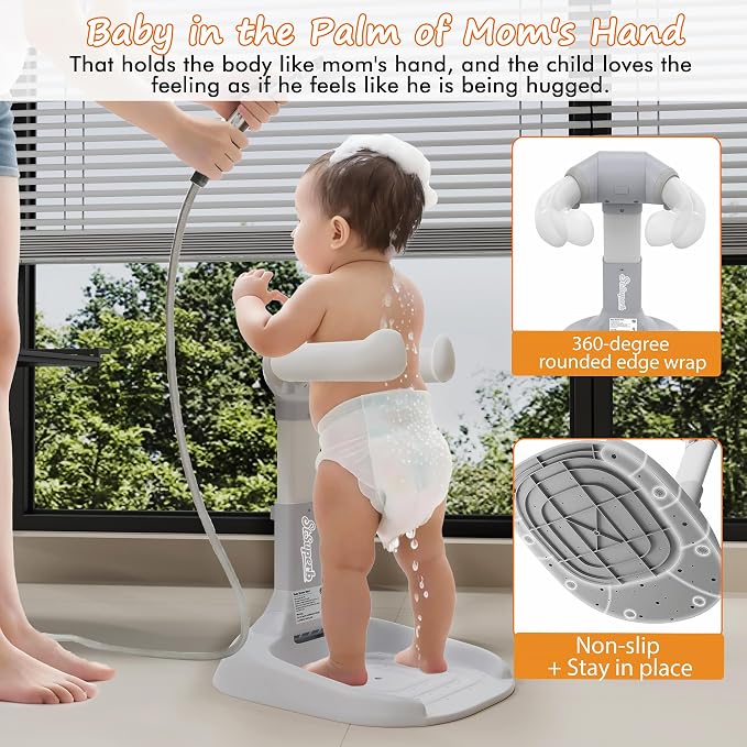 Foldable Baby Shower Stand, Toddler Shower Stand with Anti-Slip Base & Anti-Pinch Silicone, Baby Shower Standing Support 6-36 Months,Baby Stand Up Shower |Soporte para Bañera de Bebé (Grey)
