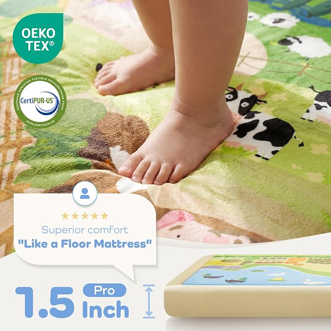 1.5" Thick Educational Baby Floor Play Mat 59x79, Flannel Padded Memory Foam Kids Mat, Non-Slip Plush Playmat for Nursery Playroom Classroom (Farm)